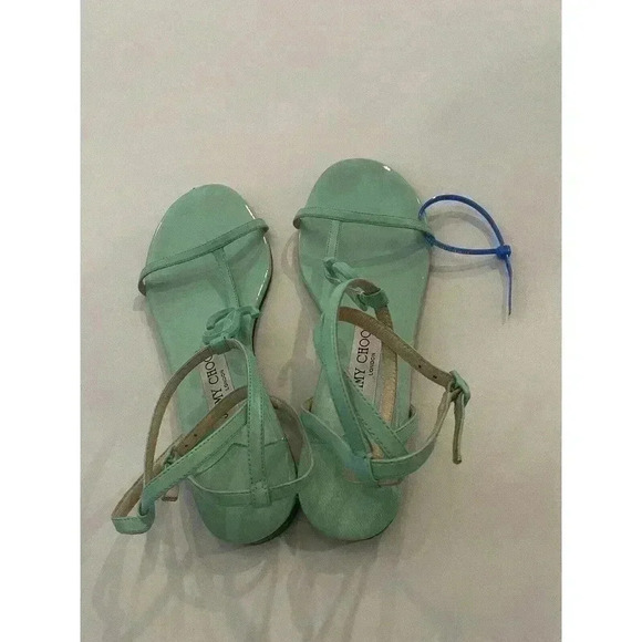 JIMMY CHOO Alodie Flat Nappa Patent Leather Sandals T Strap Logo Mint Green 9 39 - Picture 10 of 16